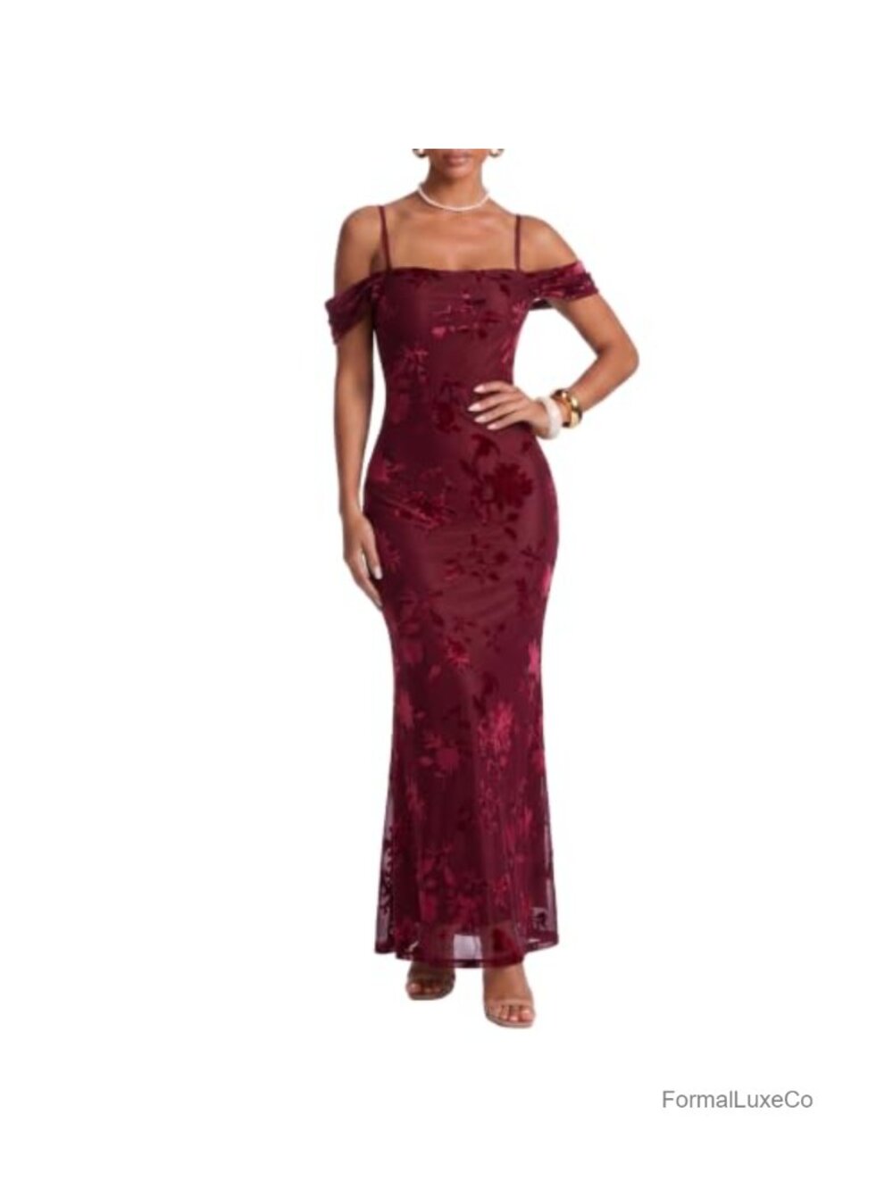 Velvet Floral Print Maxi Bodycon Mermaid Spaghetti Strap Formal Dress